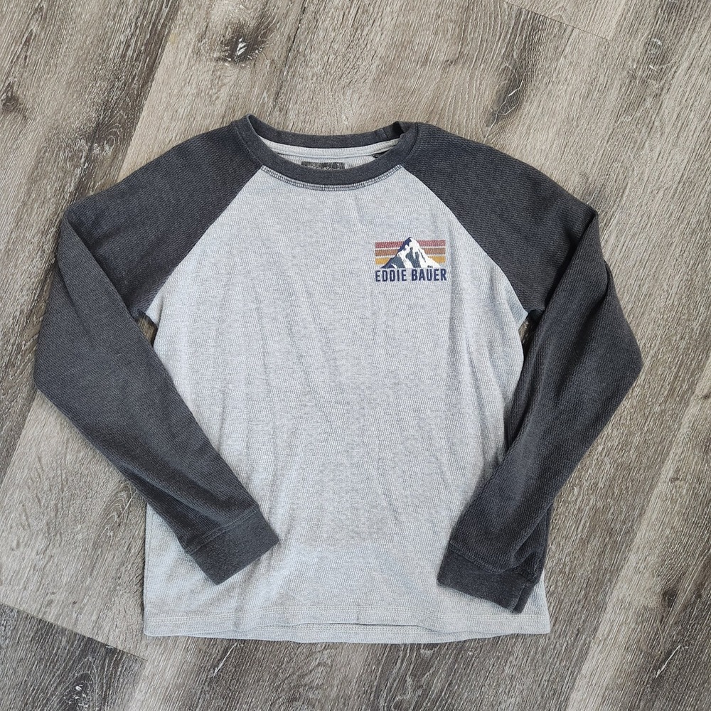 Eddie Bauer Boy's XL 16 Thermal Raglan Long Sleeve Shirt Grey Waffle 932LK066
